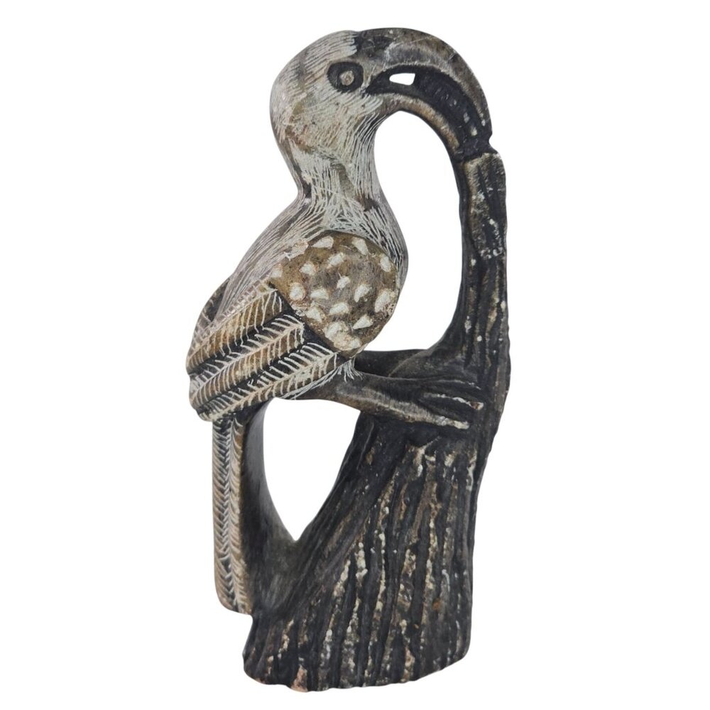 Hand-Carved Soapstone Toucan Bird Figurine With Tree Trunk Base Natural Tones 4"